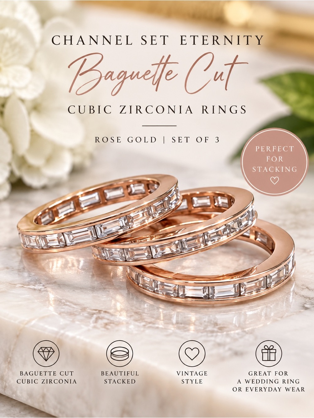 Rose Gold Baguette CZ Eternity Ring Set of 3 – Vintage Style – Stackable